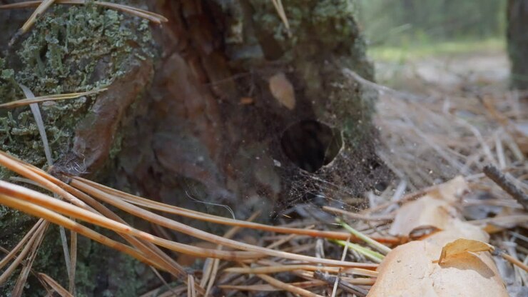 Spider web and pile of dry fir needles near tree roots