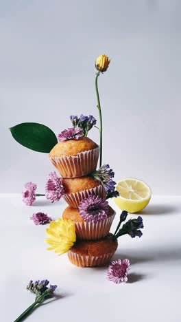 stack of cupcakes with flowers and lemon