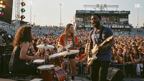 energetic live performance at a music festival with enthusiastic crowd engaging with talented musicians in a vibrant atmosphere during sunset