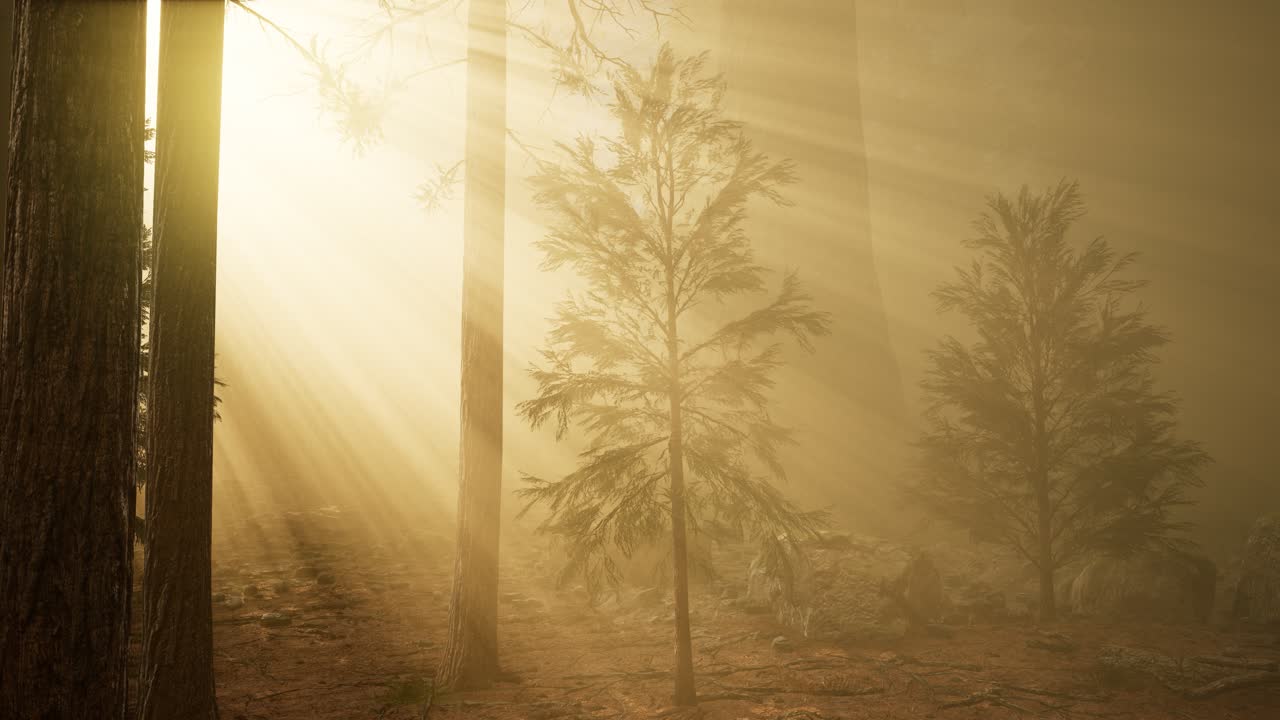 가을의 숲과 아침 안개의 나무