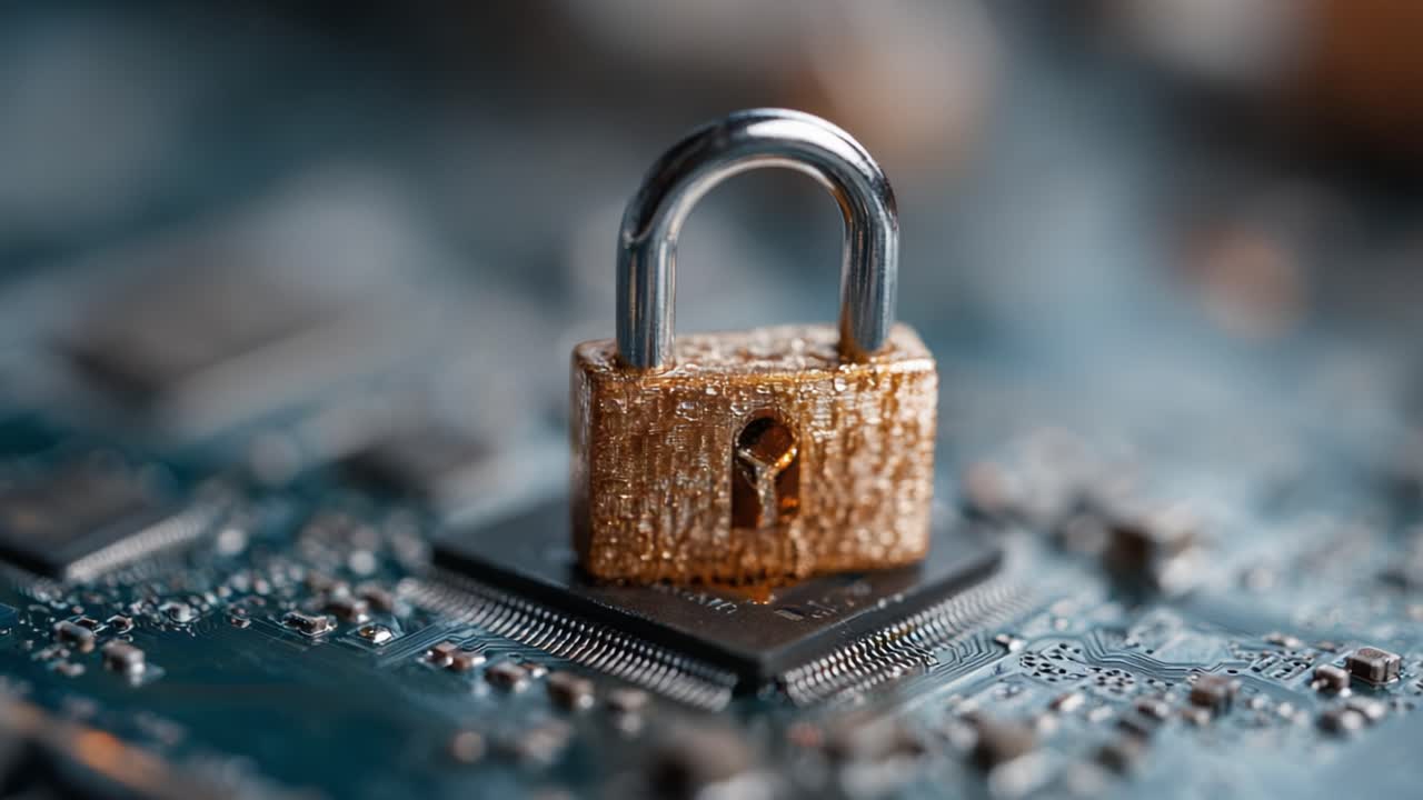Securing Data: A Close-Up View of a Padlock on a Computer Chip Symbolizing Digital Security and Protection of Information in Technology