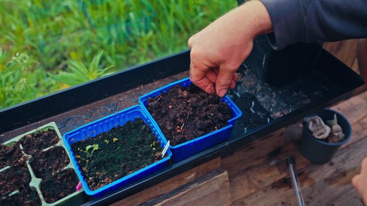 Mano di una persona che pianta semi in un vaso di plastica nel giardino. Ripresa dall'alto