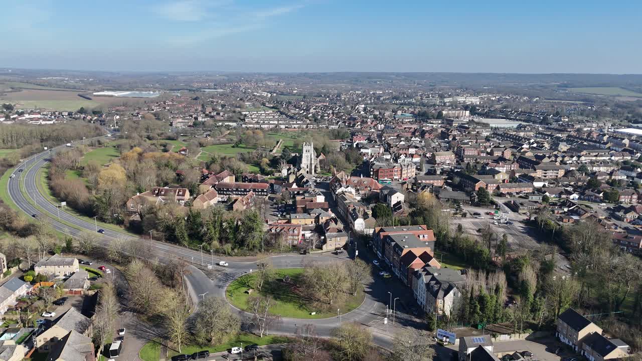 Waltham Abbey town Essex UK Panning drone aerial