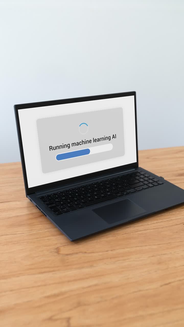 Computer running machine learning AI software. Concept of development of artificial intelligence. Vertical shot.