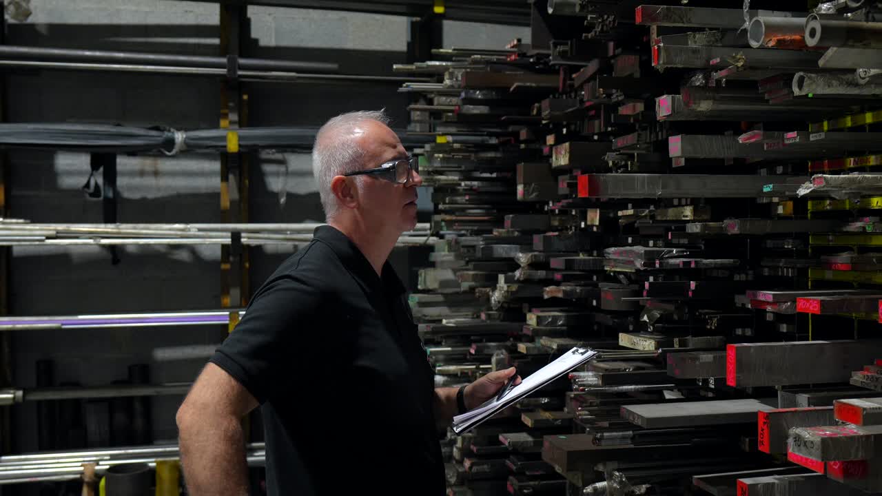 Man inspecting metal inventory in a warehouse