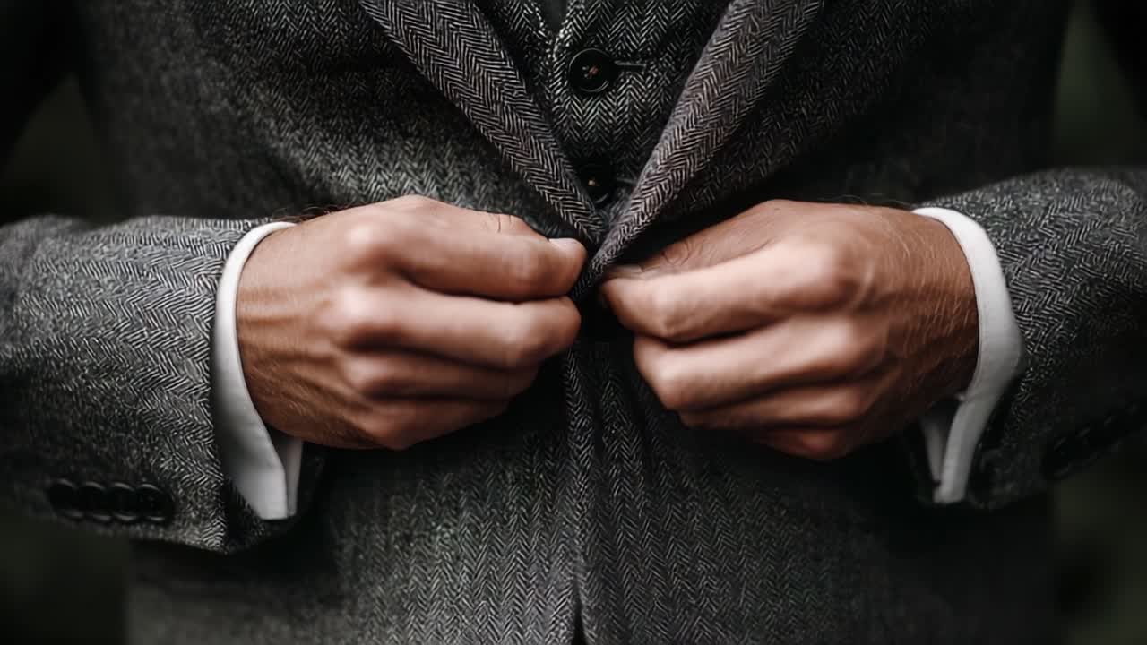 Un primo piano di mani che abbottonano abilmente una giacca di abito grigio sartoriale, evidenziando la maestria e l'eleganza dell'abbigliamento formale