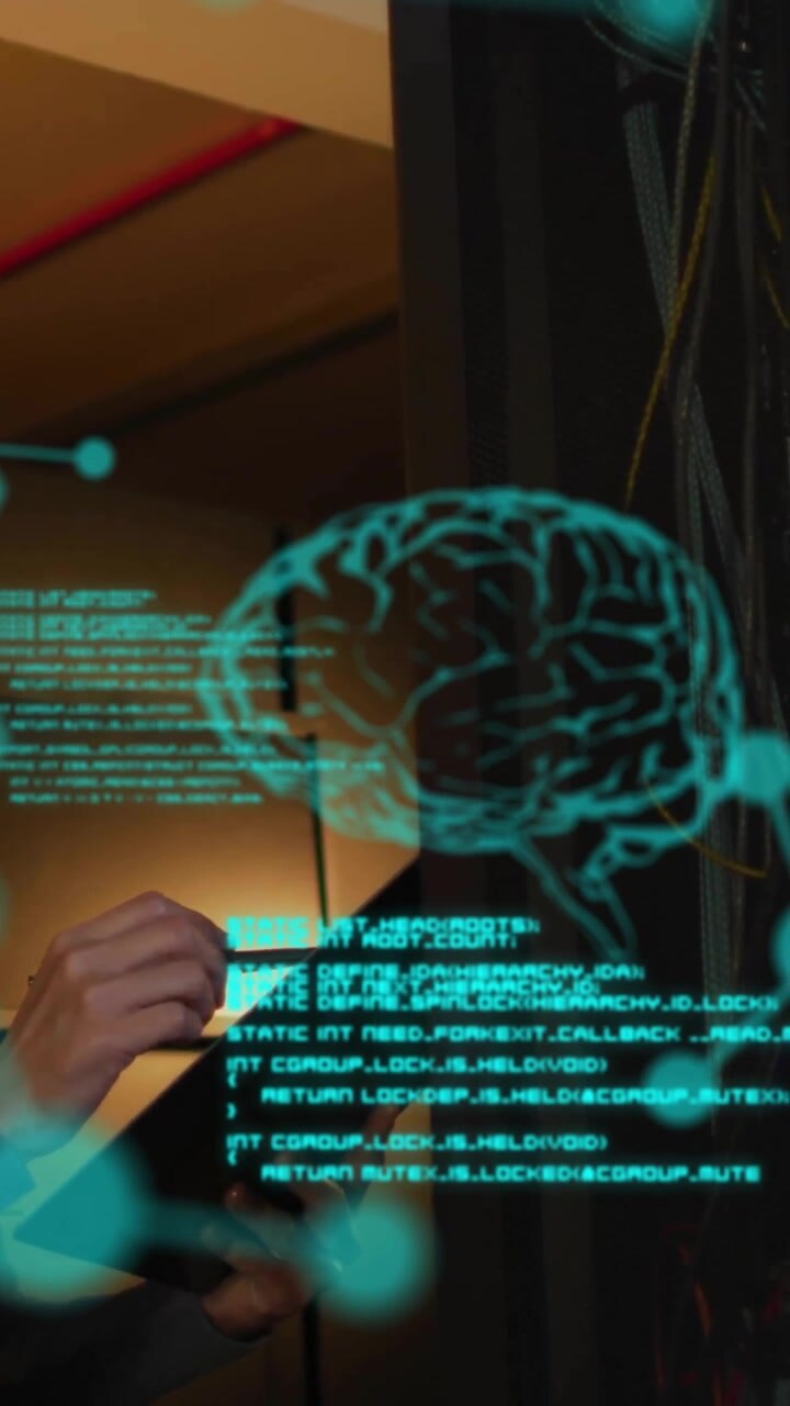 Animation of data processing with brains over asian businessman in server room