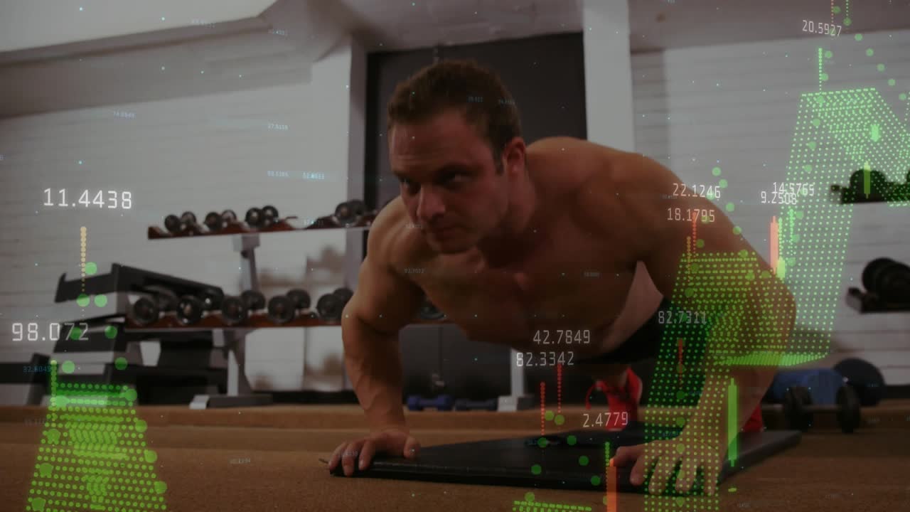 Man starting plank doing pushups on gym mat overlay growing into green or orange charts tracking rep
