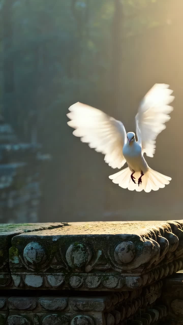 White Dove Flying over Ancient Temple at Sunrise