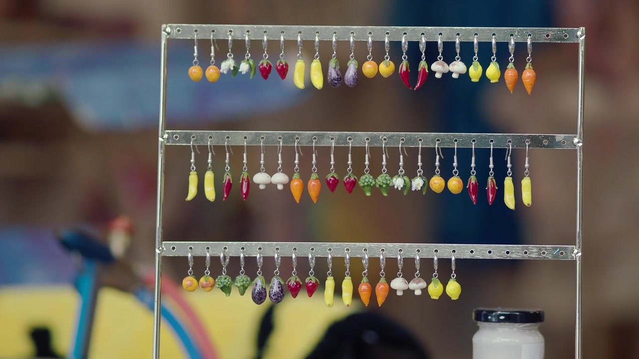 Display Rack of Miniature Fruit and Vegetable Earrings