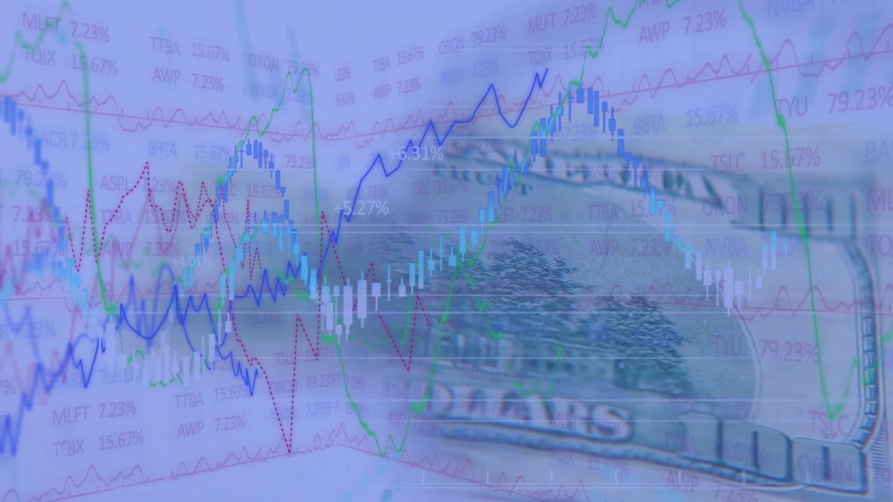 Gráficos financeiros animados com linha azul subindo enquanto uma nota de US$ 100 flutua, revelando tendências de mercado.
