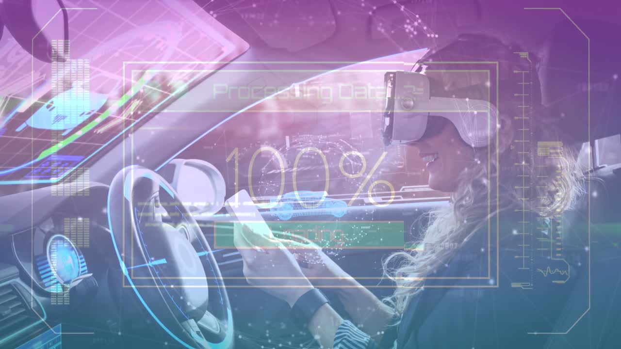 vr 헤드 ⁇ 과 스마트폰을 사용하는 여성 위의 화면에서 데이터 처리의 애니메이션