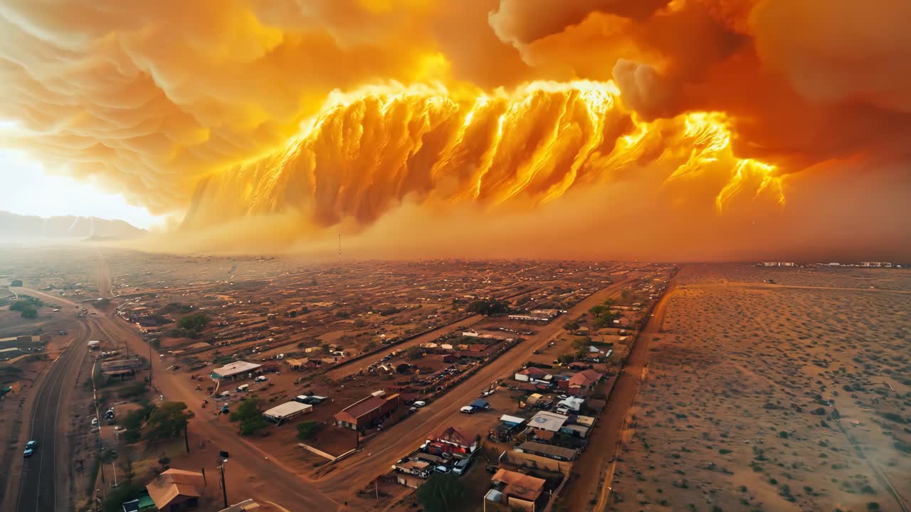 A large orange cloud is rising over a city. The sky is orange and the clouds are dark. The city is in the background and the clouds are covering the sky