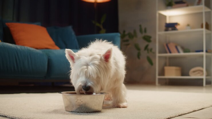 Cute white dog eating from a bowl at home