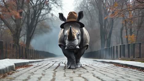 a rhino wearing a hat walking down a cobblestone road