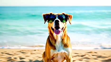 cute dog wearing sunglasses on the beach