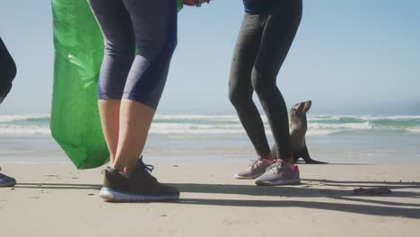 athletic women cleaning at the beach