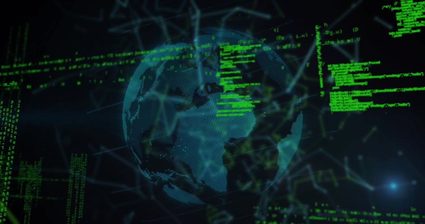 Opening digital space showing globe fading and rotating code and mesh animating visualizing flow