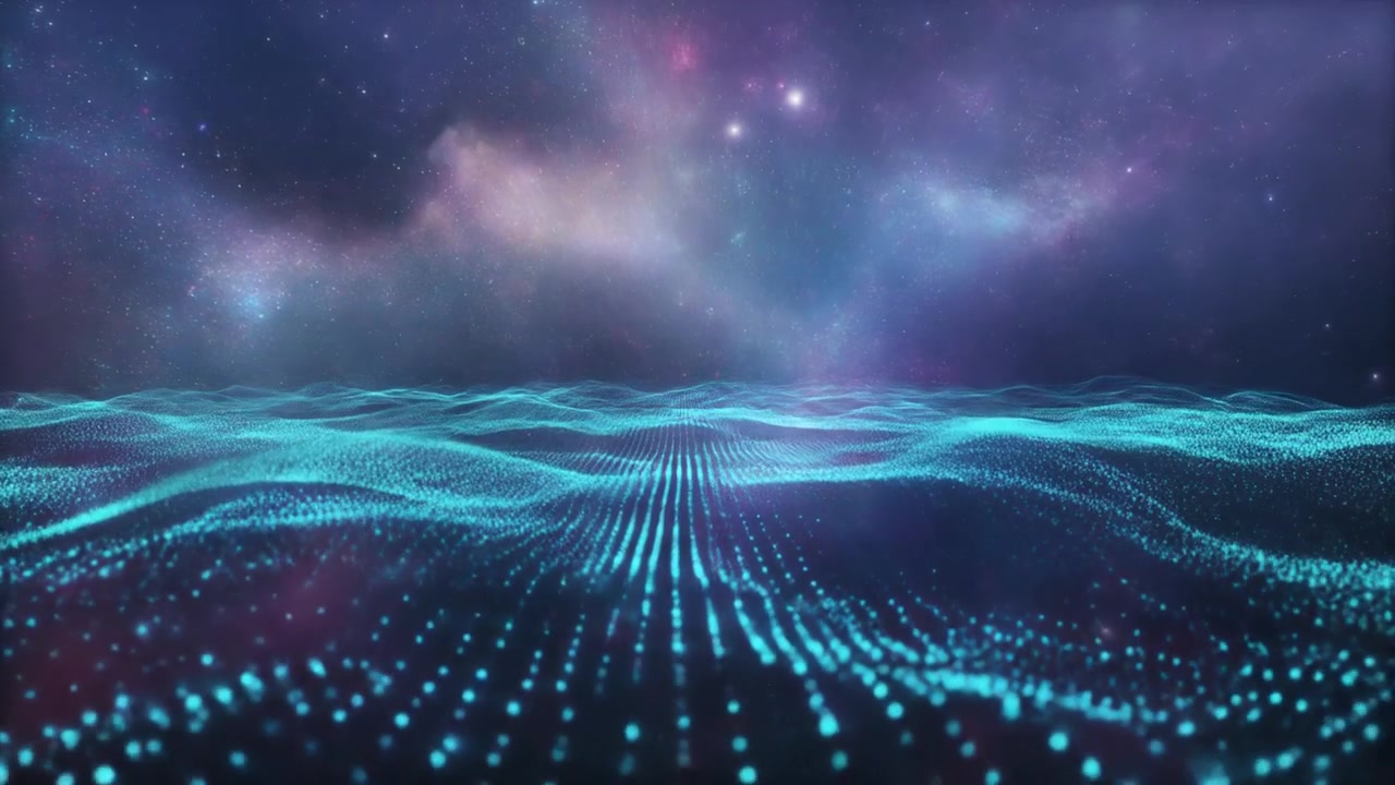 Abstract Digital Wave Landscape Against a Nebula Background