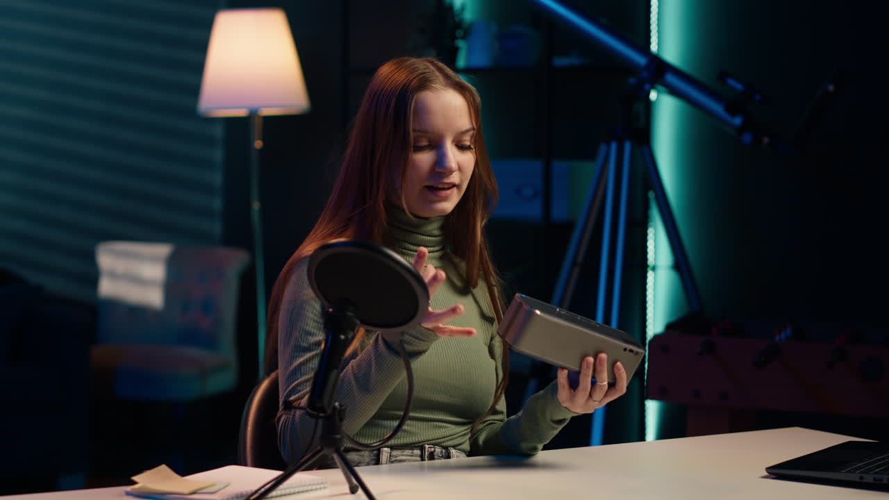 joven creador de contenido filmando un video sobre altavoces bluetooth