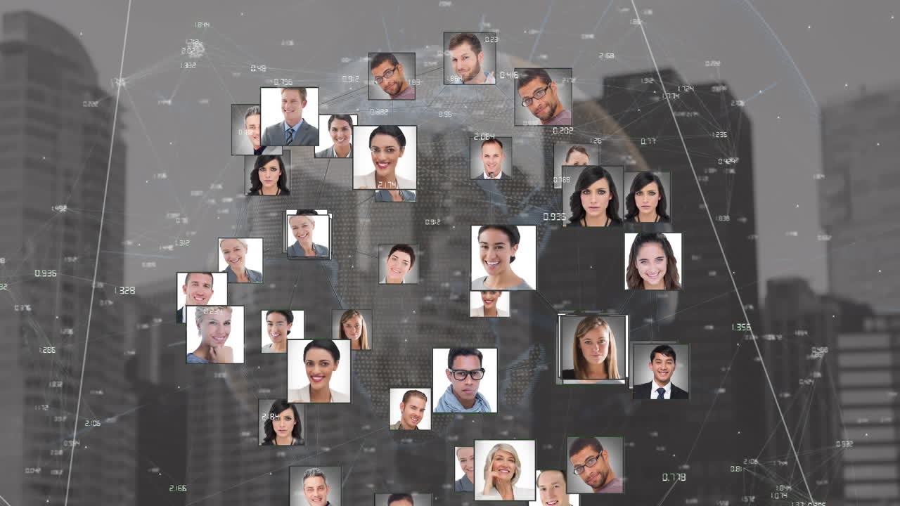 도시 풍경 위에 있는 사람 아이콘의 애니메이션