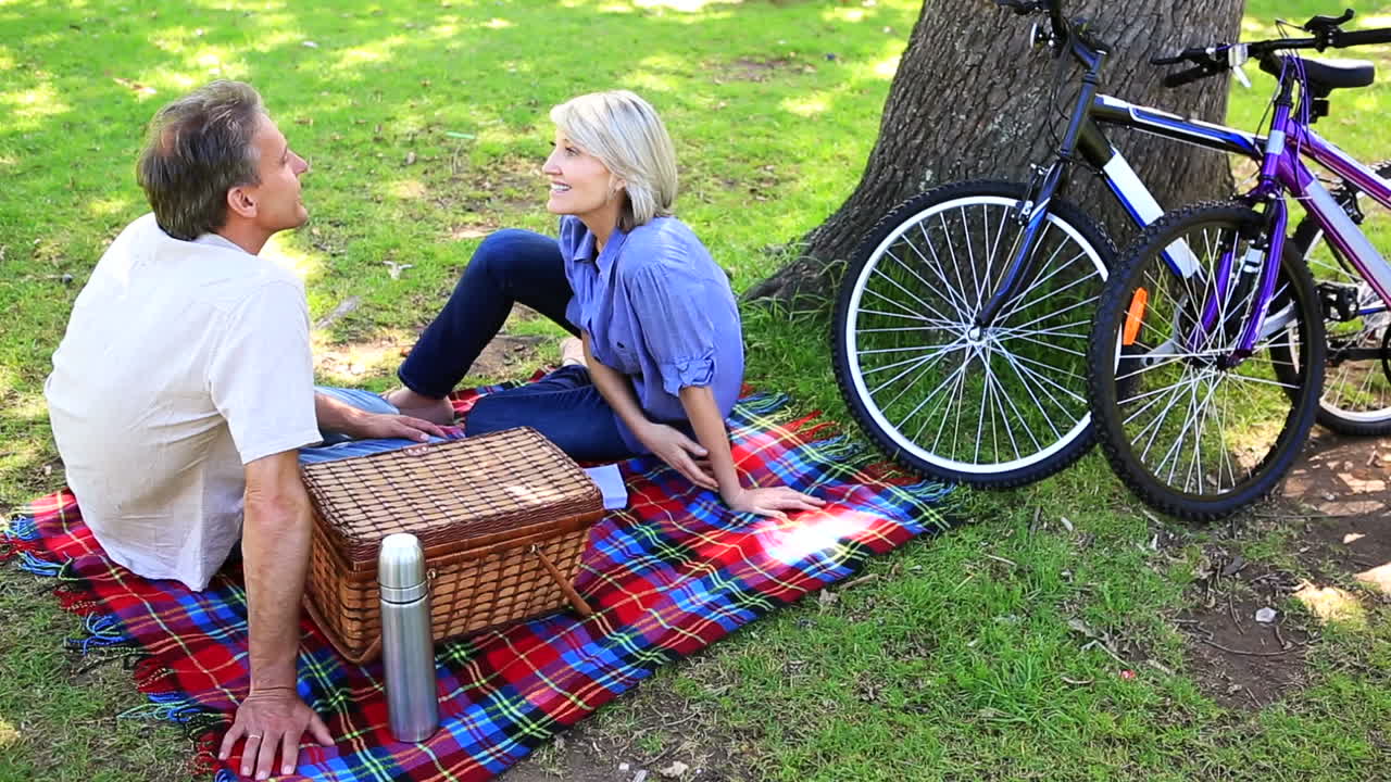 Pareja feliz haciendo un picnic en el parque