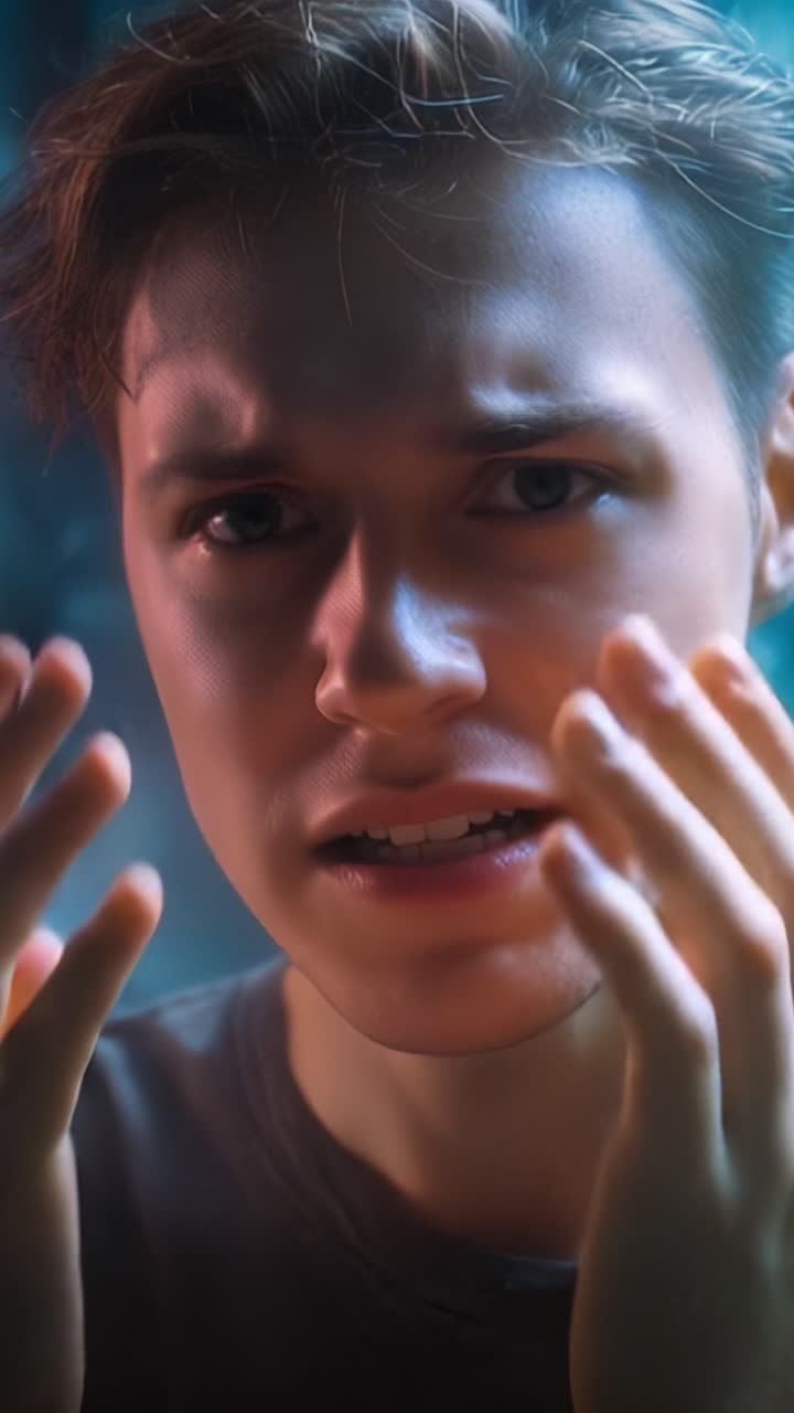 A person's emotional journey captured through two frames, showcasing vulnerability, fear, and transformation under dramatic lighting and expressive poses