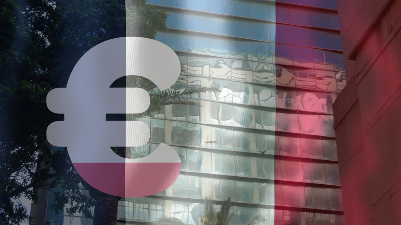 Euro symbol and French flag animation over modern glass building