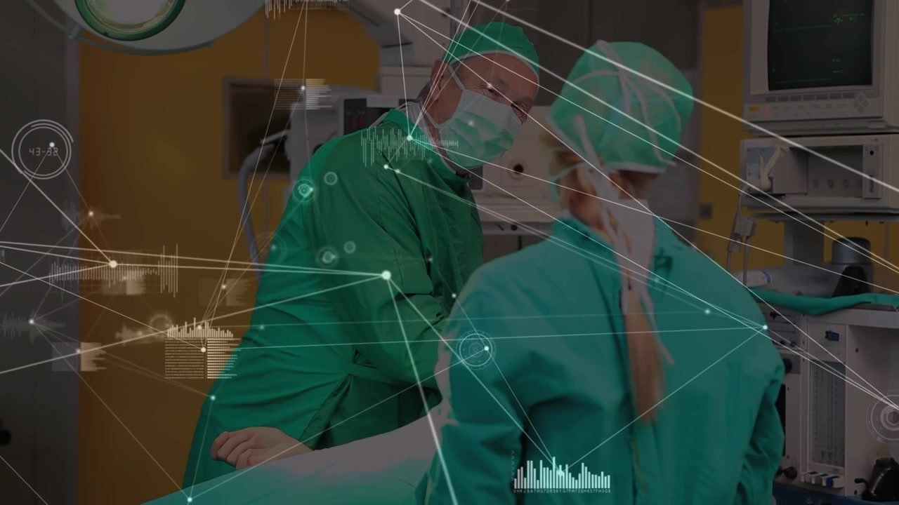 Chirurghi che eseguono un'operazione in sala operatoria di ospedale con sovrapposizione di dati digitali