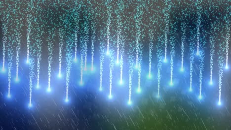 Animation-of-rain-over-fireworks-on-blue-background