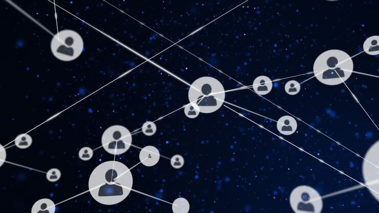 Animazione di rete di connessioni di icone utente su sfondo blu scuro