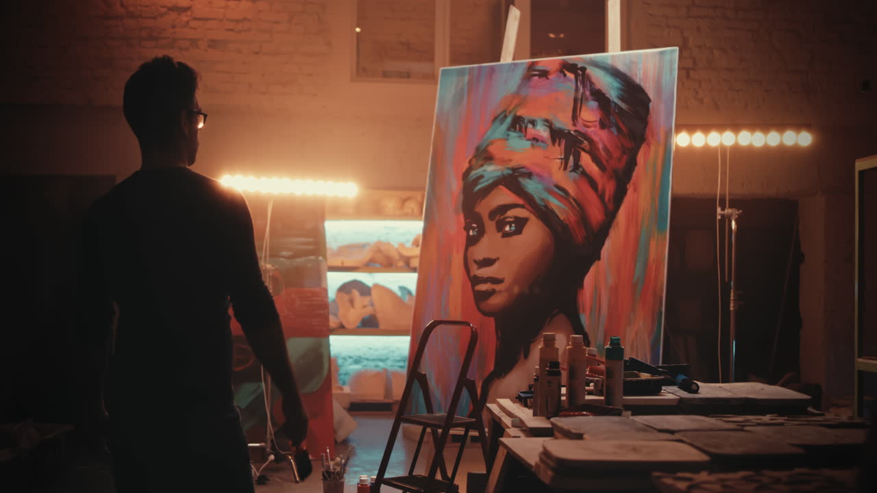 Artist painting a portrait of an African woman in a studio
