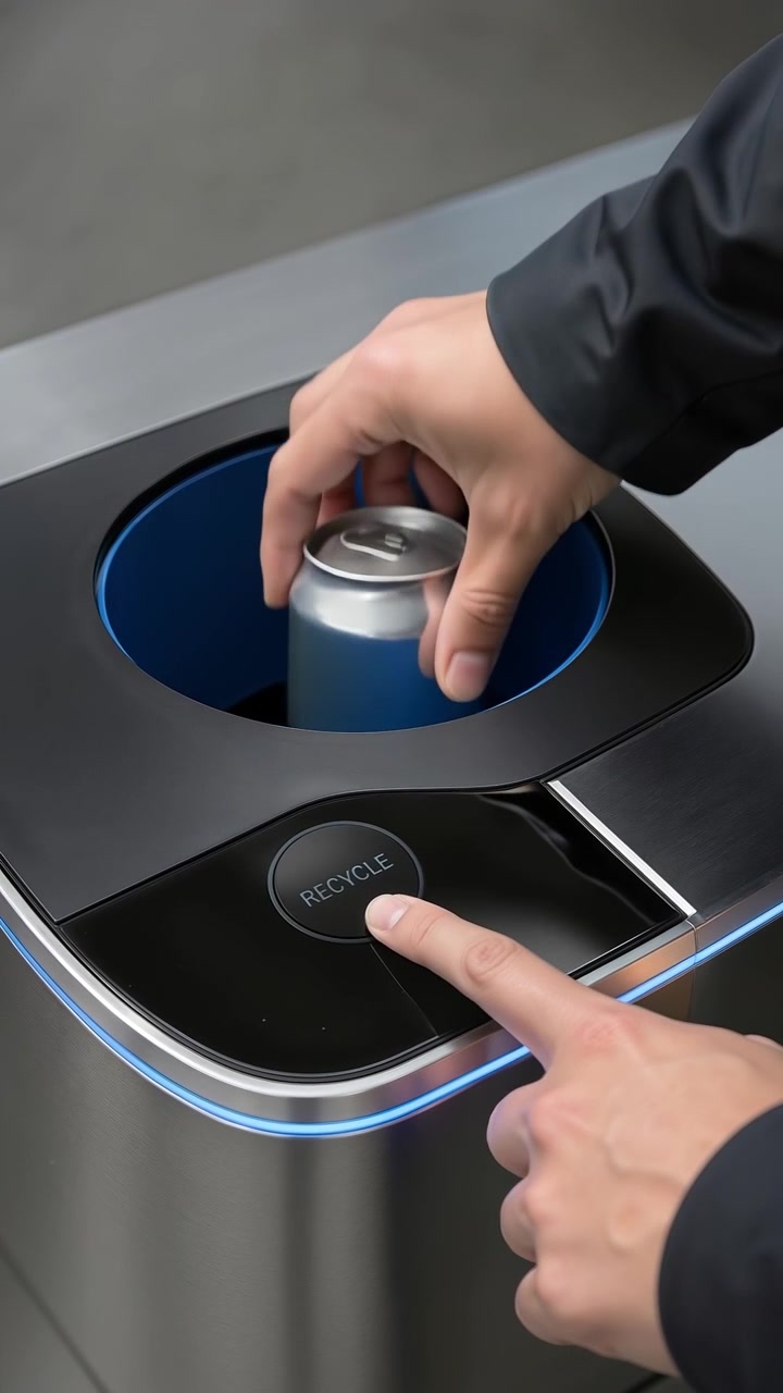 Close up of a person placing an aluminum can into a modern smart recycling bin
