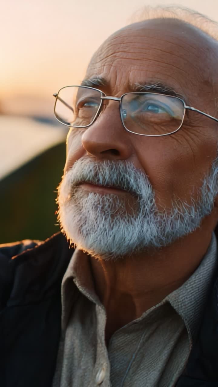 Un anciano contemplativo mira pensativamente hacia el horizonte al atardecer, reflexionando sobre la vida y las experiencias, capturando la esencia de la sabiduría y la introspección en medio de un sereno telón de fondo