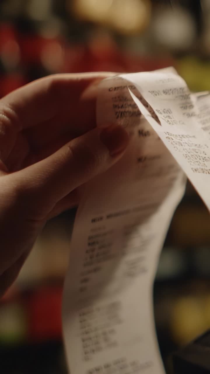 Examining Receipts: A Close-Up of a Hand Holding and Inspecting Multiple Grocery Purchase Receipts with Clear Printed Details and Information for Reference