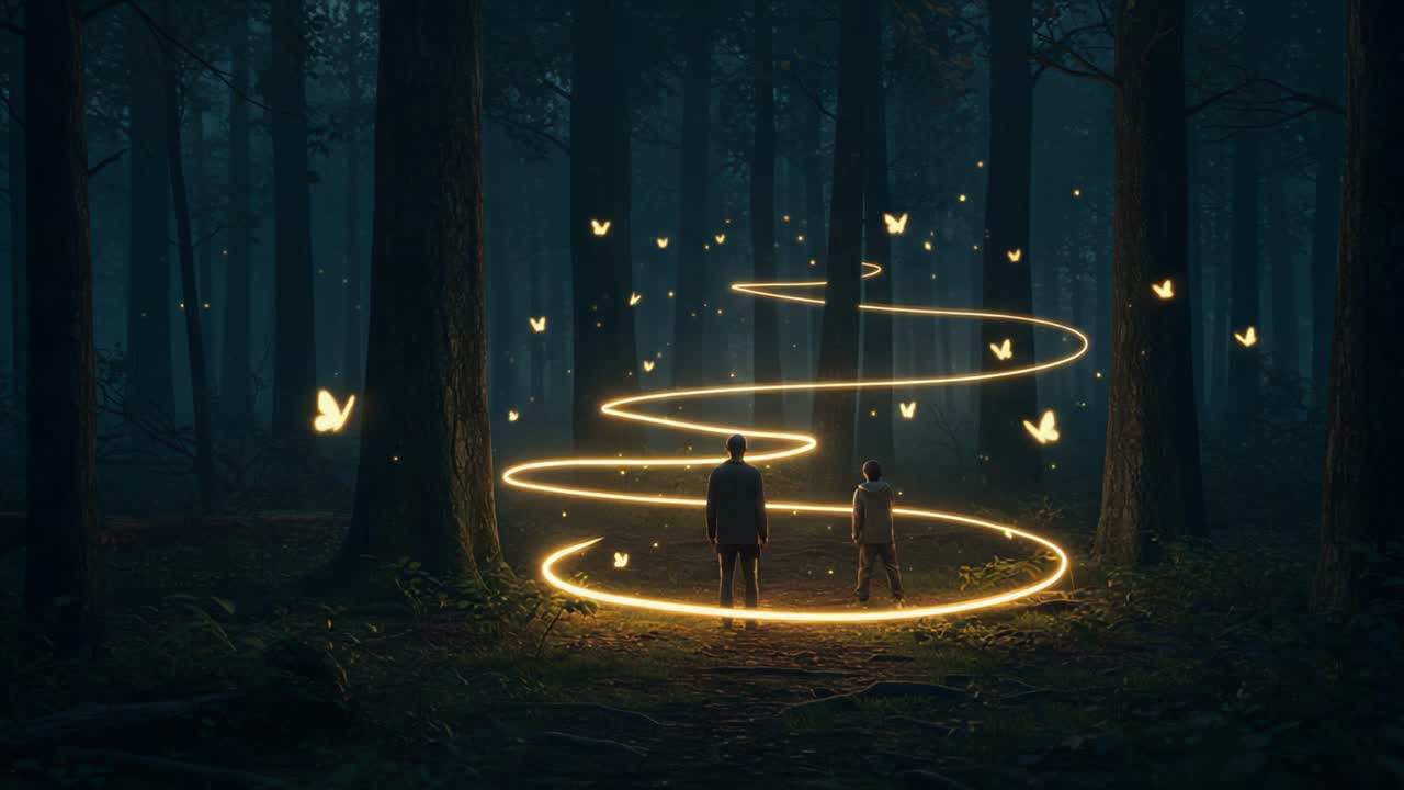 A Serene Journey Through an Enchanted Forest: Two Figures Follow a Glowing Path Surrounded by Whimsical Butterflies in a Magical Twilight Setting