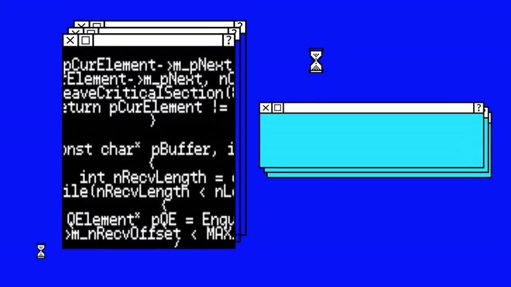 Animation of multiple windows and data processing over blue background