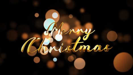4k 3d merry christmas text video greeting card with gold bokeh background. gold christmas typographical on black background with exploding golden bokeh light. winter holiday festival loop animation.