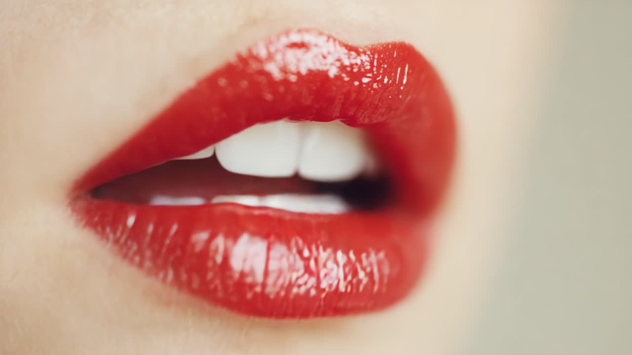Close-Up of Glossy Red Lips Showcasing a Vibrant Shade, Highlighting the Smooth Texture and Subtle Gloss Along the Plump Curves and Gleaming Finish