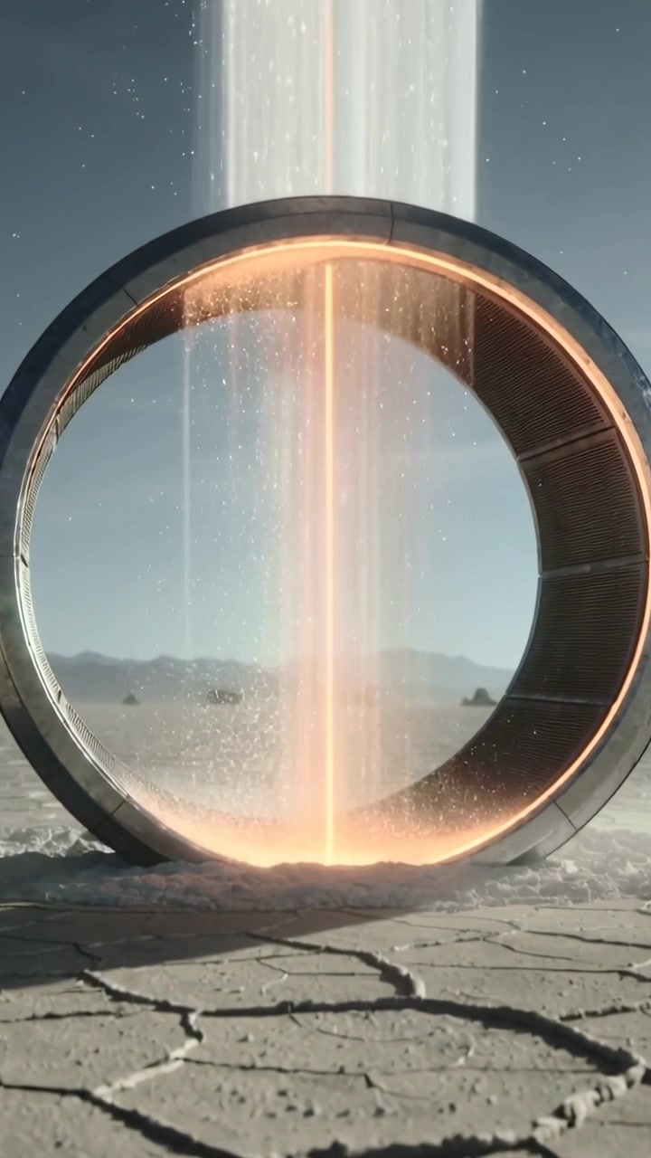 Vertical video: Large metal ring igniting, projecting orange column on cracked playa, lifting dust