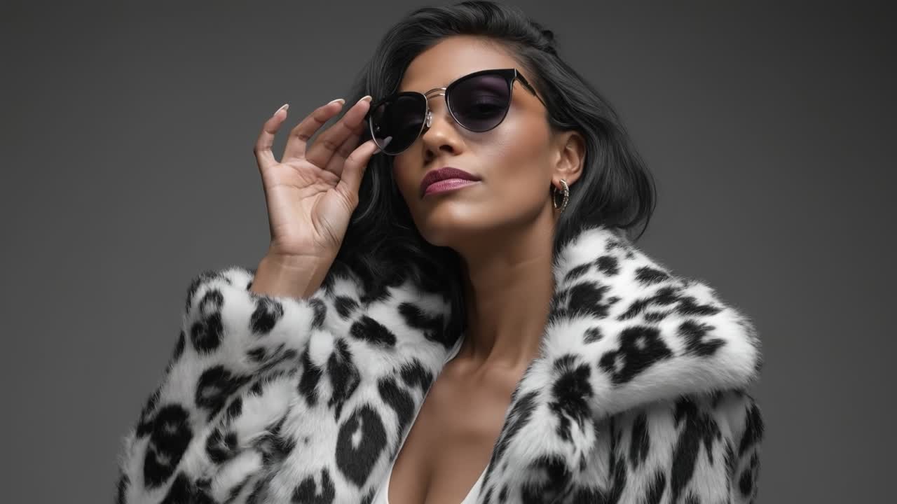 Giovane donna alla moda che indossa un cappotto di pelliccia sintetica leopardata e occhiali da sole in un ritratto in studio.