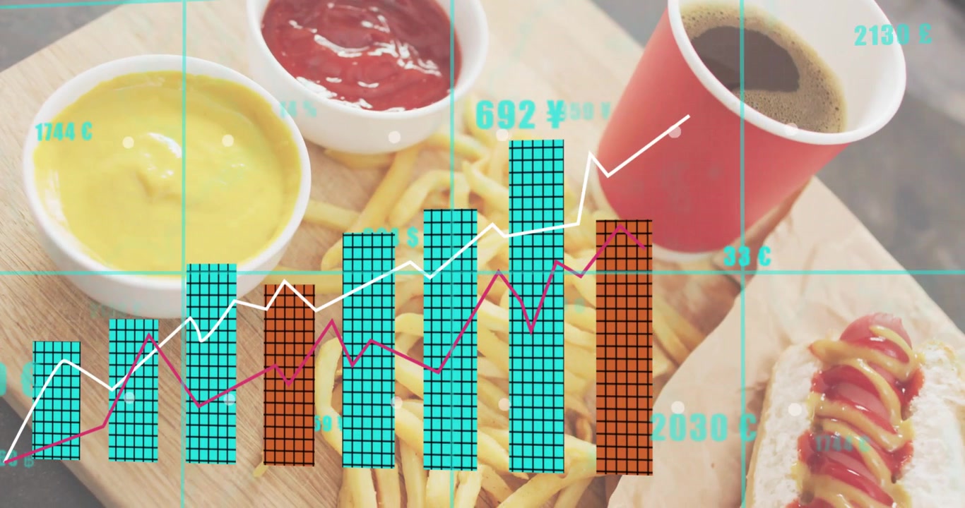 Patatine e caffè su un vassoio, con griglie che svaniscono e barre che crescono per visualizzare le tendenze valutarie.