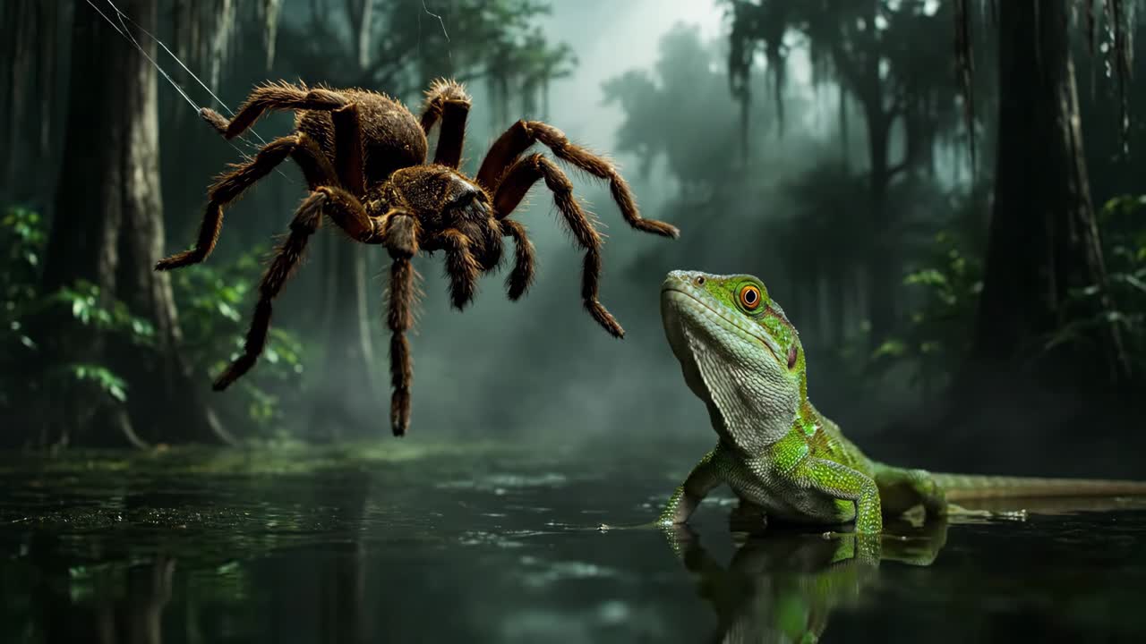 Tarantula and Lizard Encounter in the Jungle