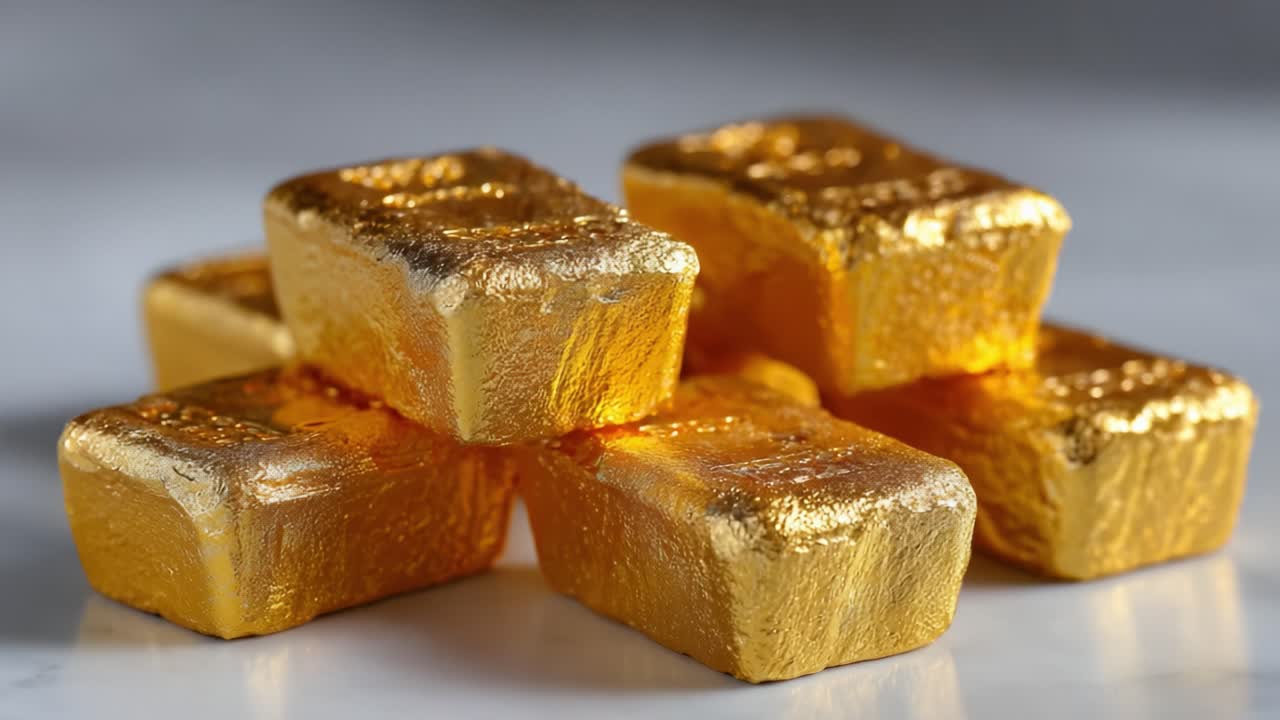 A Glimmering Collection of Gold Bars Piled Elegantly Together, Showcasing Their Luster and Intricate Textures Under Soft Lighting