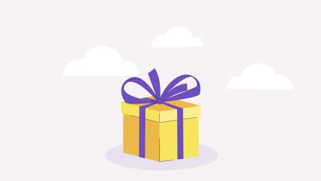 überraschende geschenkkiste erscheint animation. konfetti-explosion, burst. geschenk, mobile marketing, gewinnung von preisen, boni oder belohnungen aus dem laden. online-geschenk. fliegende partikel
