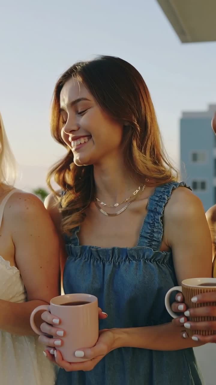 Video verticale: Donna sorridente in abito blu su un tetto al tramonto, occhi chiusi, rivolta verso la telecamera con una tazza rosa.