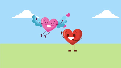 valentines card with love couple hearts in the field characters