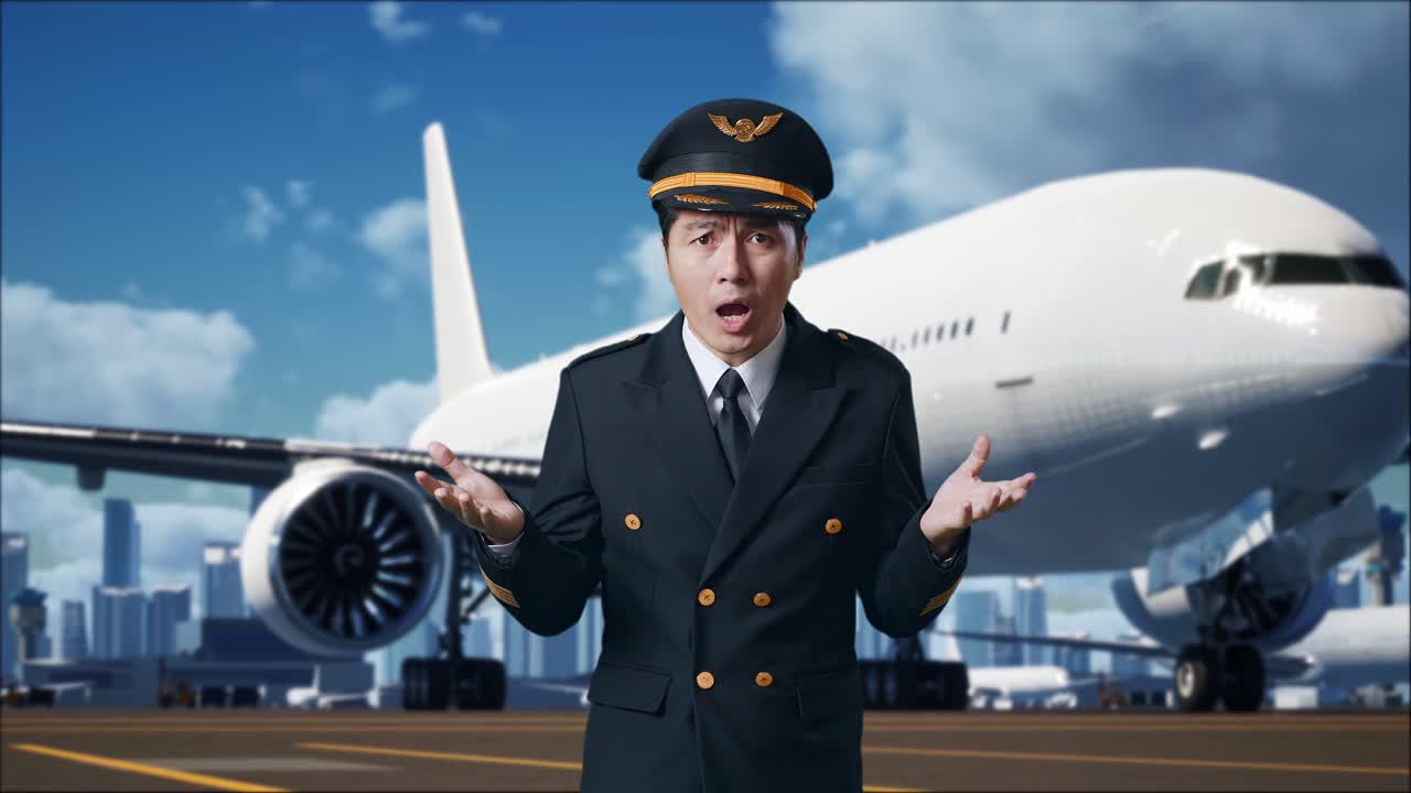 아시아 남성 조종사가 왜 그런지 궁금해하고 배경에 비행기가 있는 공항에서 의심스럽게 서 있습니다.