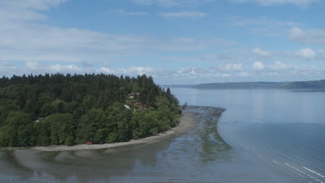 slow aerial drone footage pushing towards an outcropping of forest on dumas bay in seattle, wa.