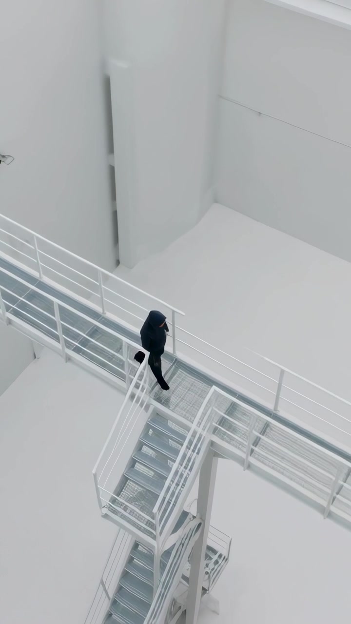 Vídeo vertical: Entrando no quadro pela parte superior esquerda, homem encapuzado atravessando passarela, tocando o rosto, segurando uma bolsa.